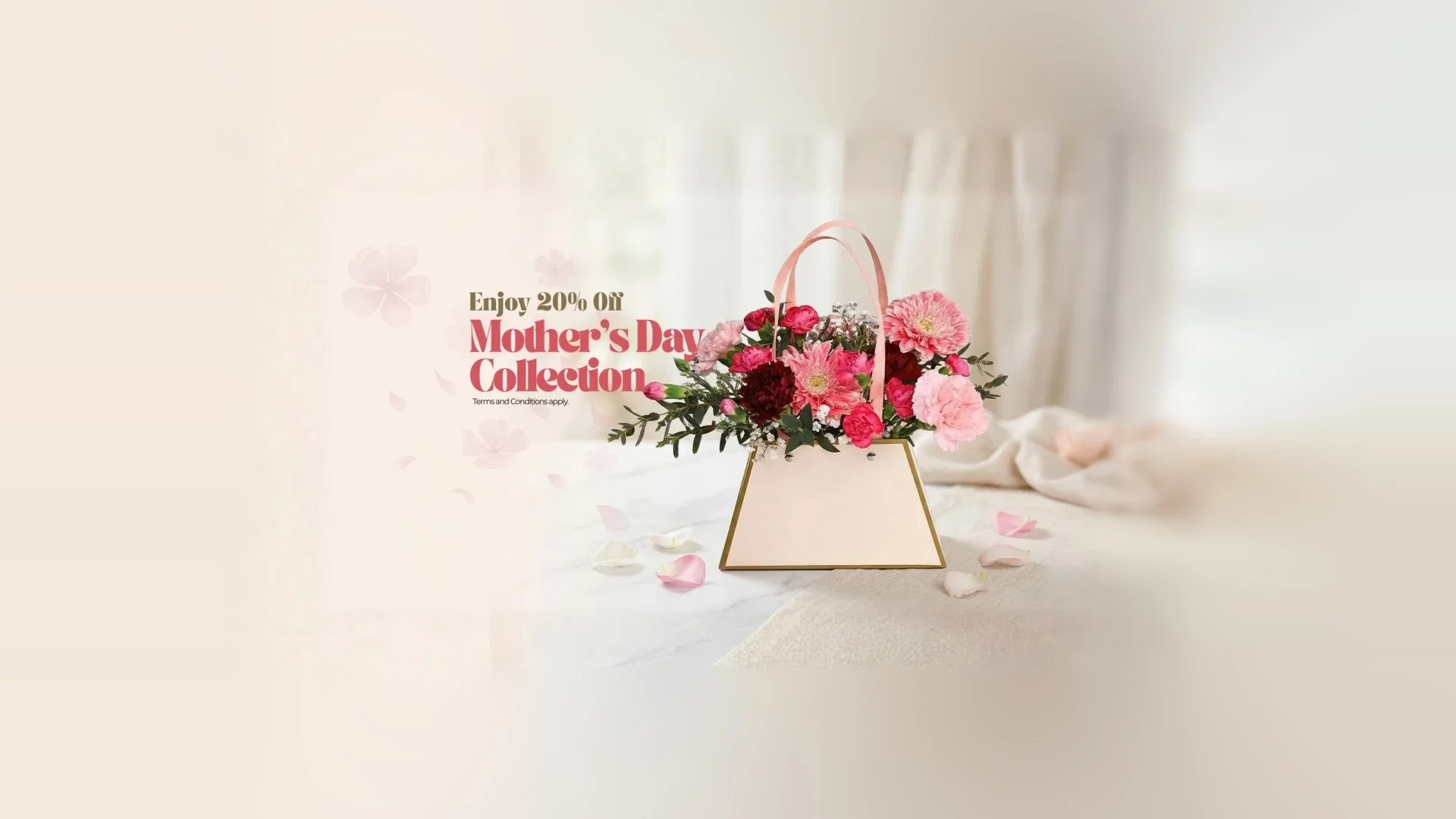 The finished 1920 by 1080 masthead: the headline and flower bag kept together in the centre, with the background extended softly to the edges.