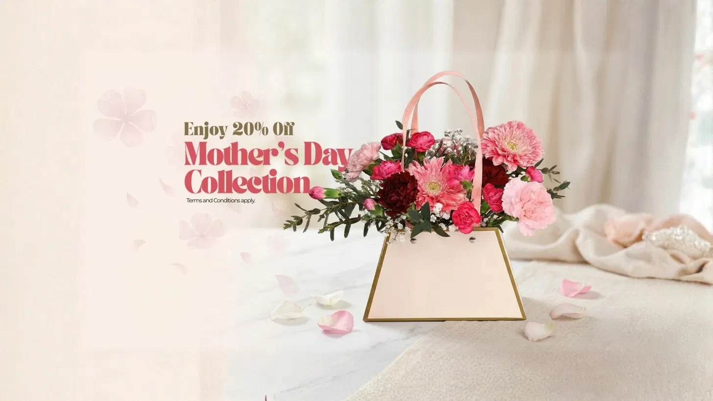 The original Mother's Day banner: a flower bag on a table, with the headline Enjoy 20% off Mother's Day Collection beside it.