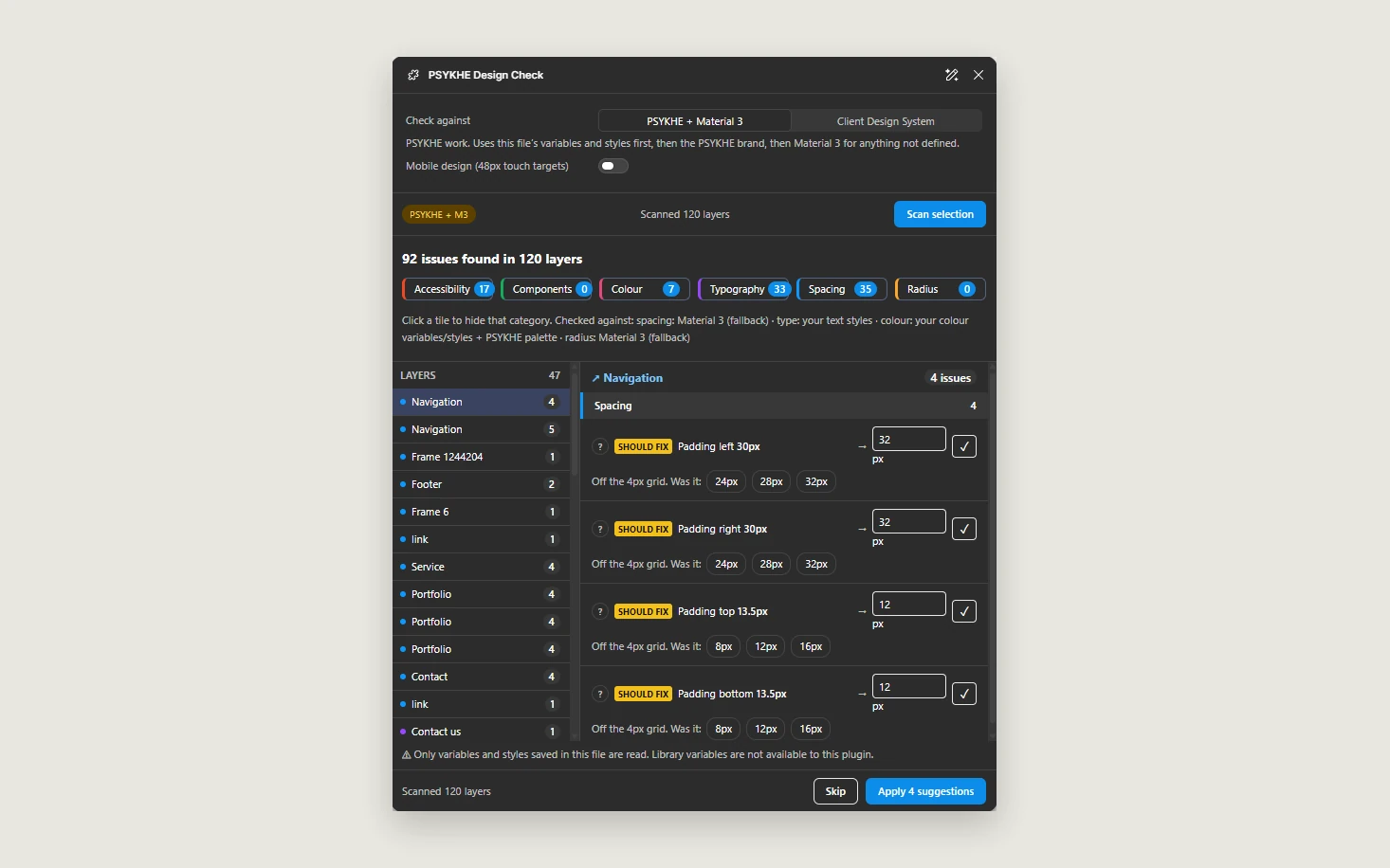 The design review plugin's first iteration: a dark panel with settings at the top, 92 issues in 120 layers sorted into categories, and each issue listed by layer with suggested values.
