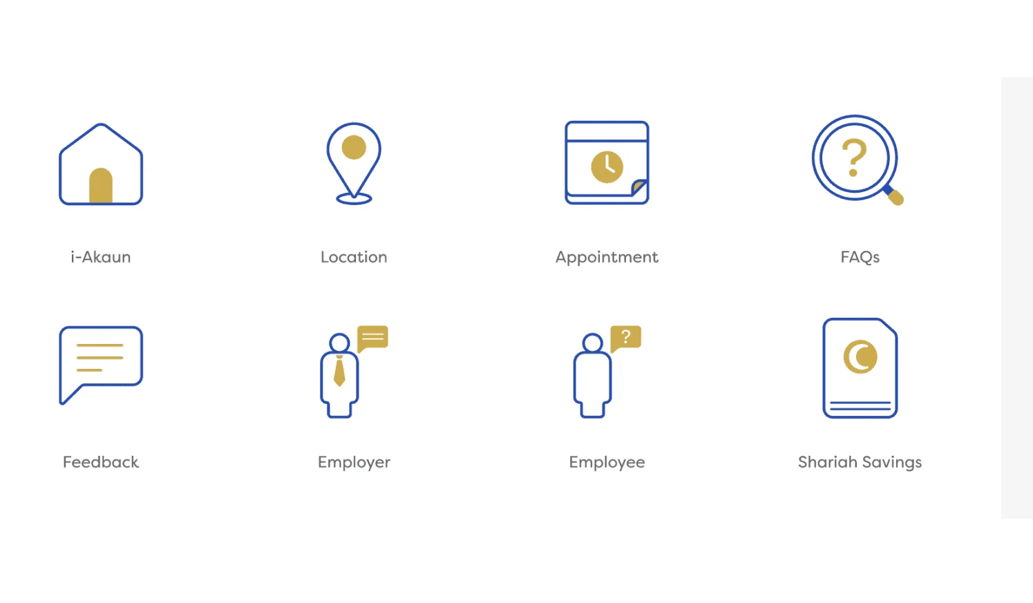 Line icons for i-Akaun, location, appointment, FAQs, feedback, employer, employee and Shariah savings.