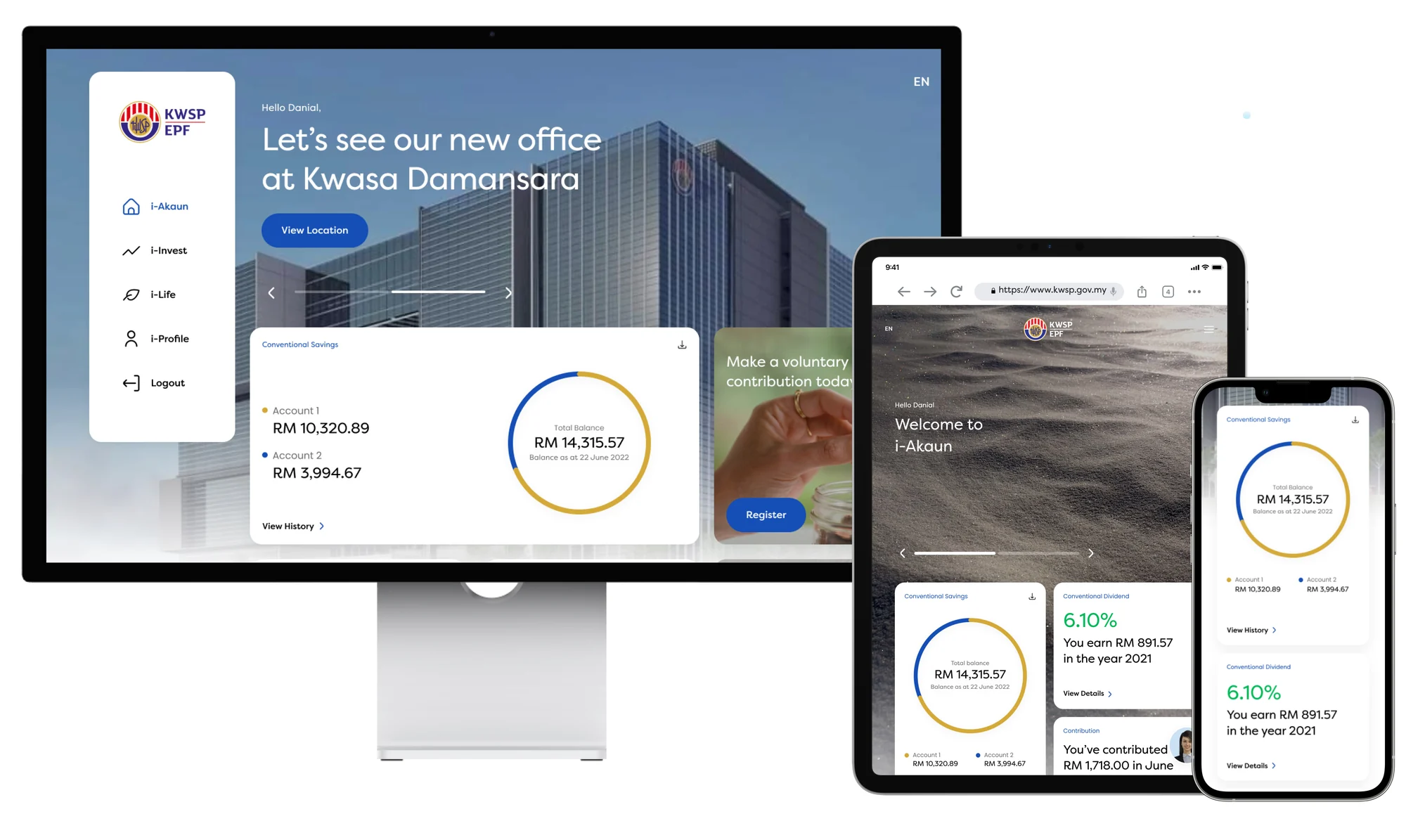The new i-Akaun on a desktop, a tablet and a phone, with the total balance in a ring chart and dividend cards.