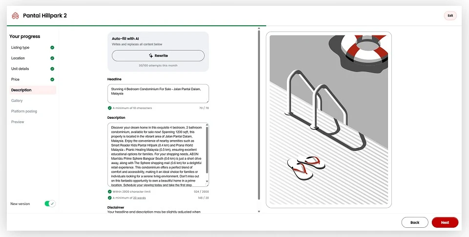 The new description step: an Auto-fill with AI panel with a Rewrite button, and a generated headline and description with character checks.