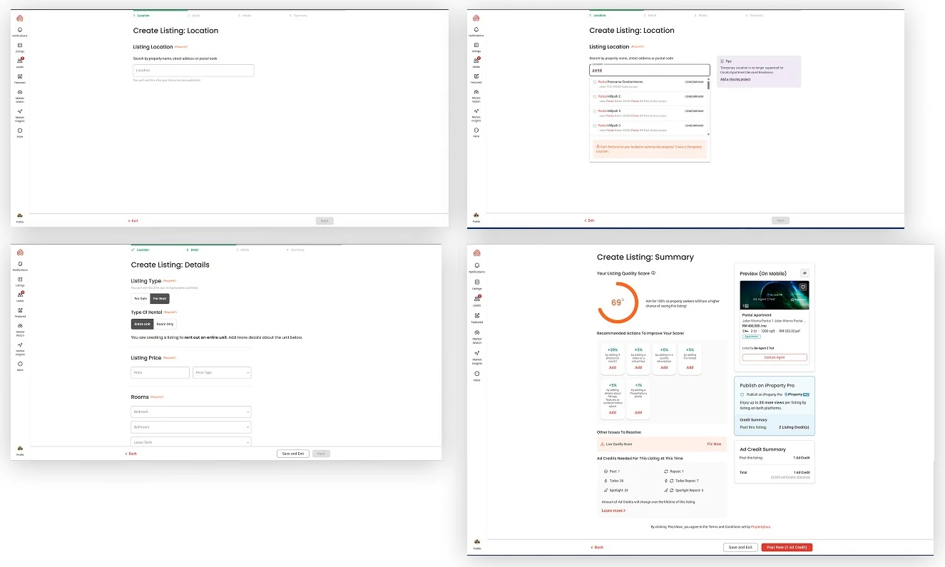 The old listing creation flow on design system 2.0: location search, listing details and a summary with a listing quality score.