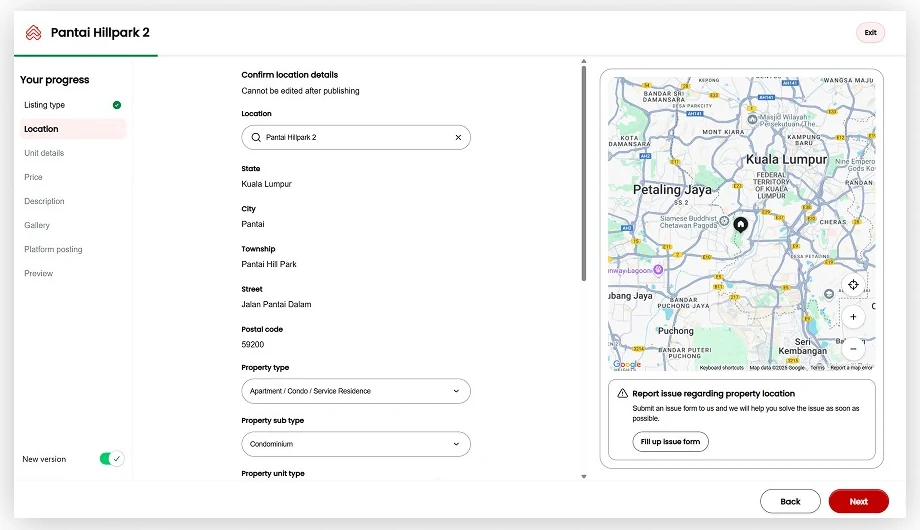 The new location step: the chosen property's state, city, township and street, a map with a pin, and a link to report an issue with the location.