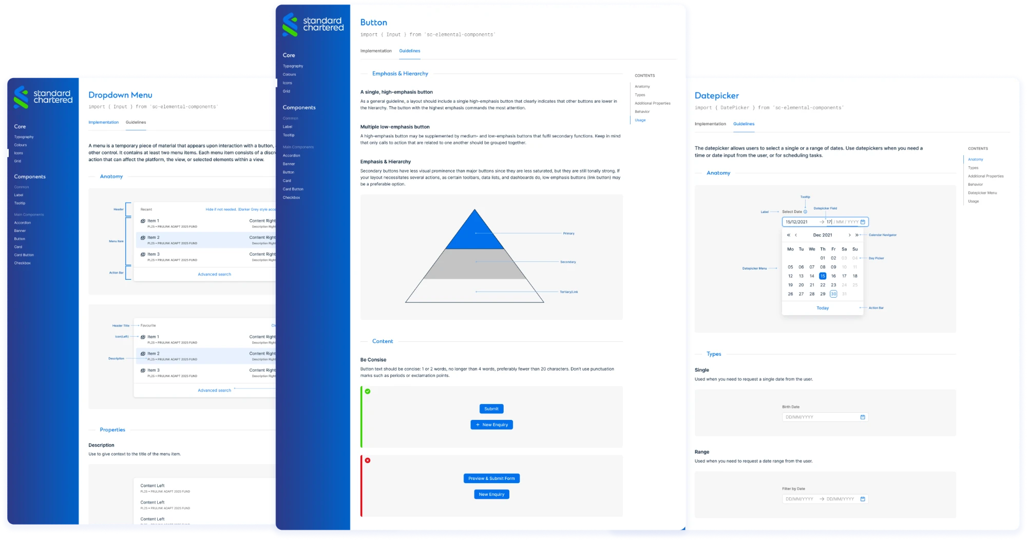 Component documentation for the Dropdown Menu, Button and Datepicker: anatomy, emphasis and hierarchy, and usage guidelines.