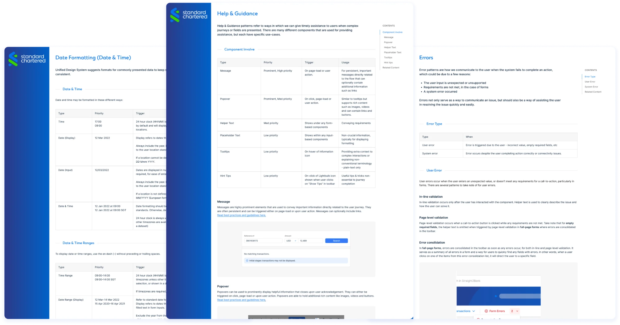 Pattern documentation pages, covering common patterns such as data formatting, help and guidance, and error states.