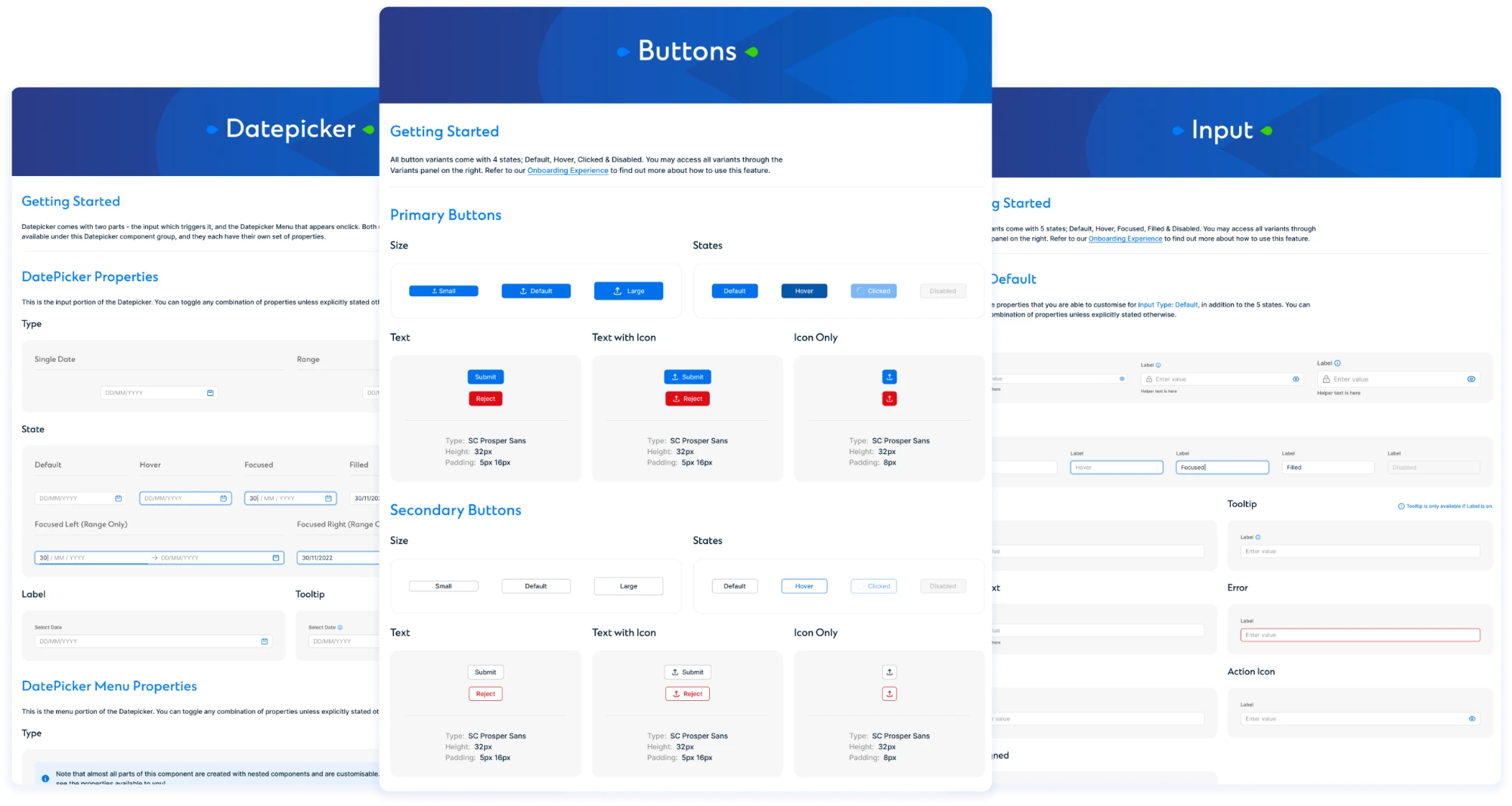 The UI kit in Figma: the Datepicker, Buttons and Input component pages, each showing its variants.